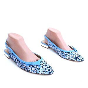 Talbots Edison Slingback Blue Floral Bow Flats w/gold heels -Size 10